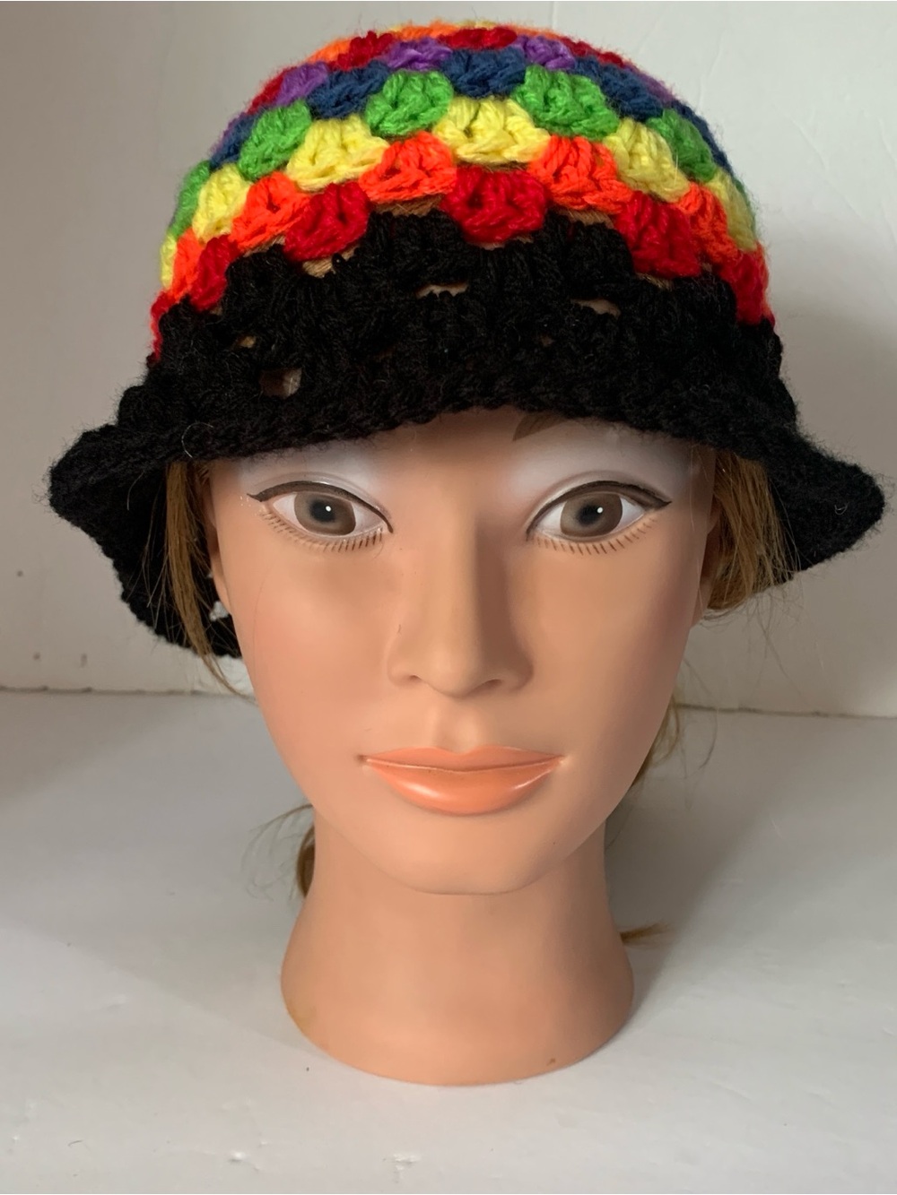 Handmade Multicolor Crochet Bucket Hat - Black & Rainbow